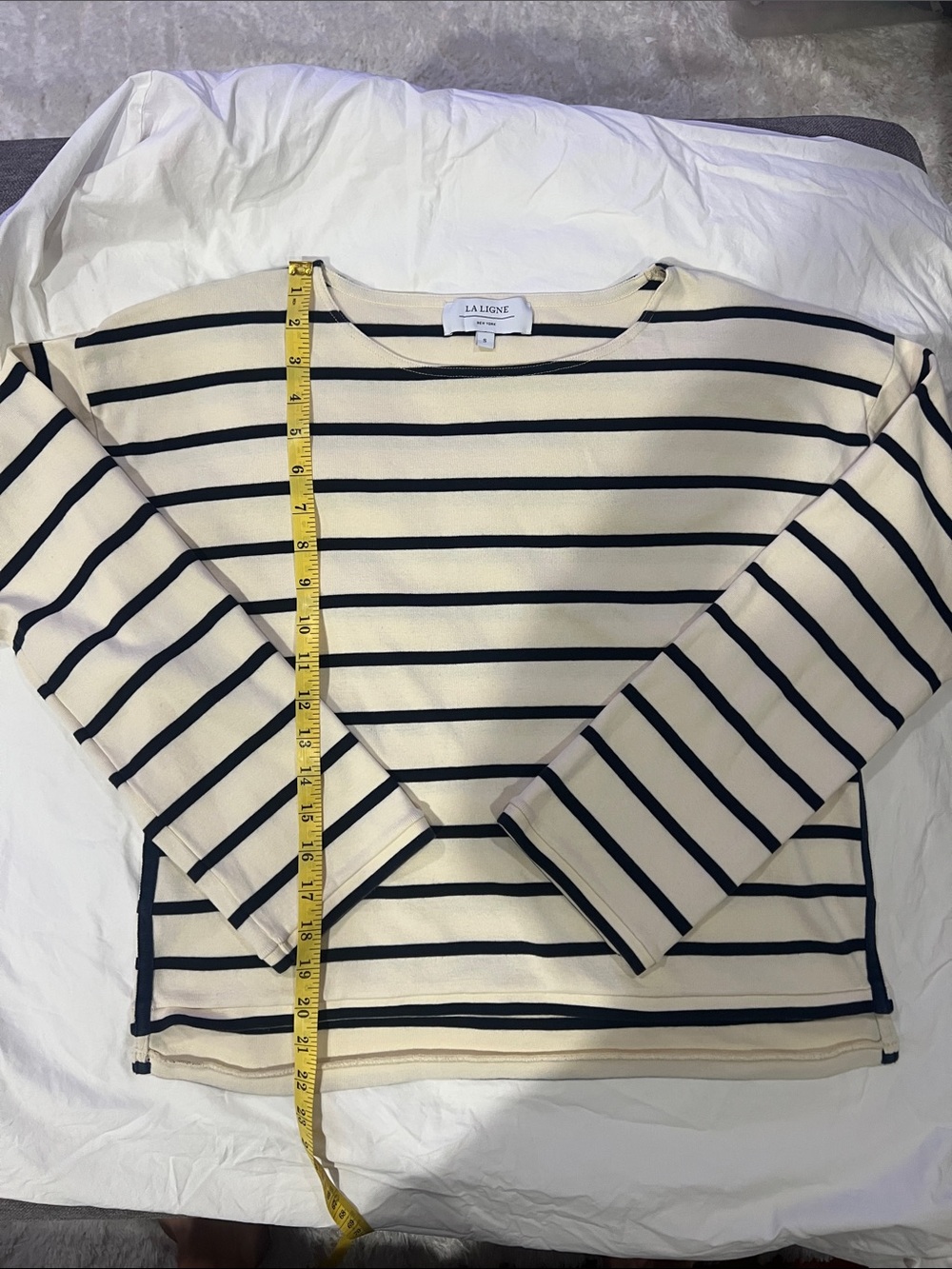 La Ligne Cream and Navy Striped Boatneck Knit Sweater